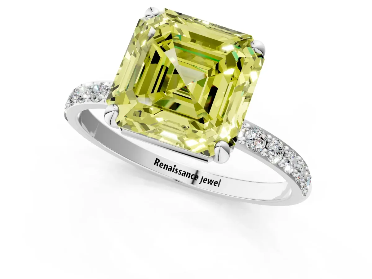 Fancy Yellow Asscher Cut Diamond Solitaire Ring with Round Pavé Band and Prong Setting Platinum