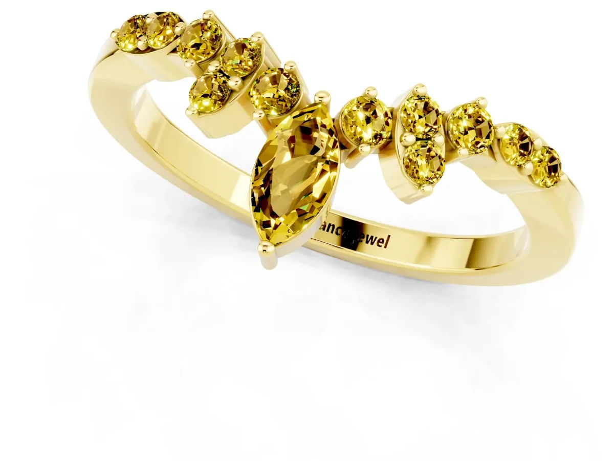 Marquise and Round Yellow Sapphire Chevron Band with Prong Setting Yellow gold