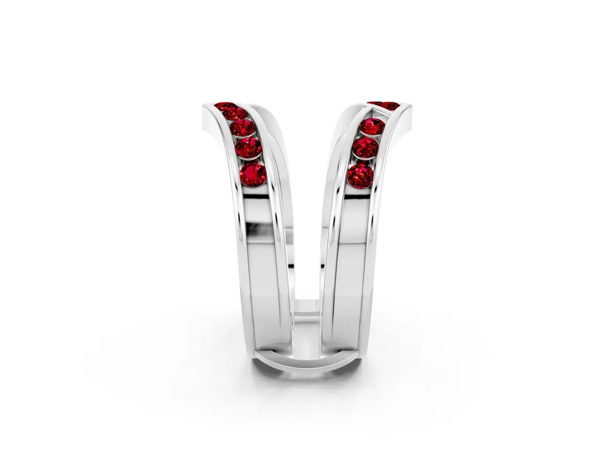 Round Ruby Channel-Set Chevron Band Silver