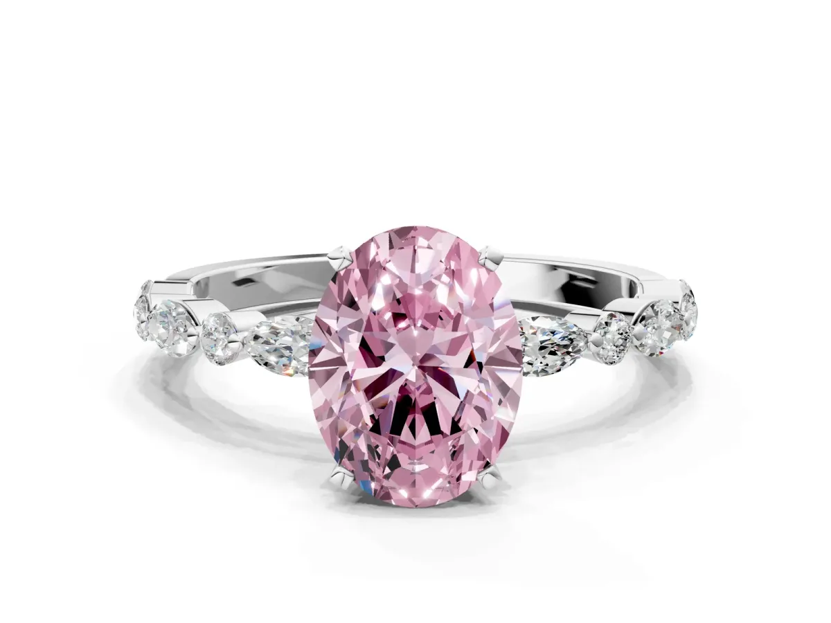 Fancy Pink Oval Cut Diamond Ring with Marquise and Round Side Stones and Four-Prong Setting Platinum
