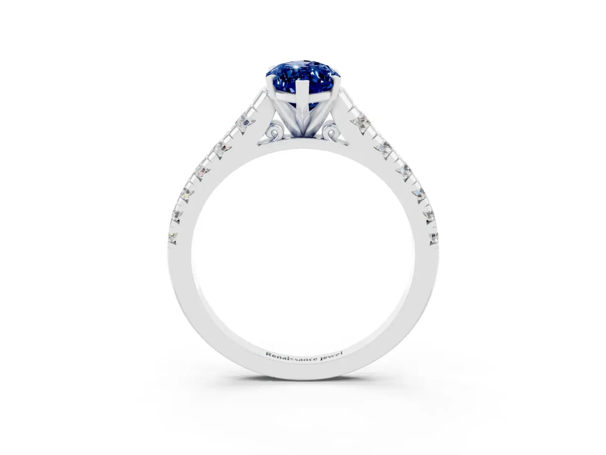 Marquise Cut Blue Sapphire Cathedral Solitaire Ring with Round Pavé Band Silver