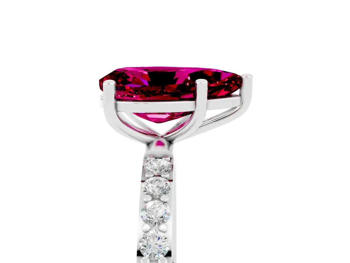 Pear Cut Garnet Solitaire Ring with Round Pavé Band and Prong Setting Platinum
