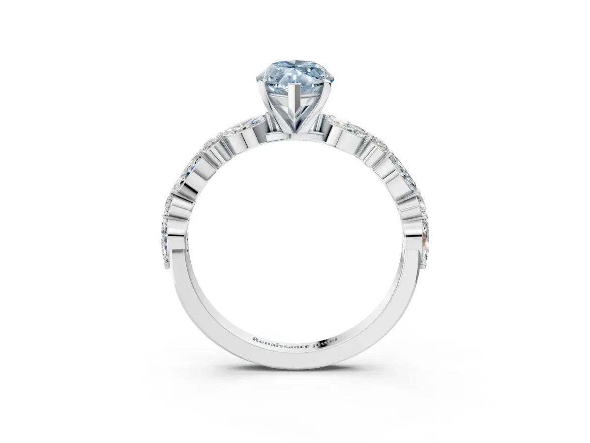 Fancy Blue Marquise Cut Diamond Ring with Marquise and Round Side Stones and Four-Prong Setting Silver