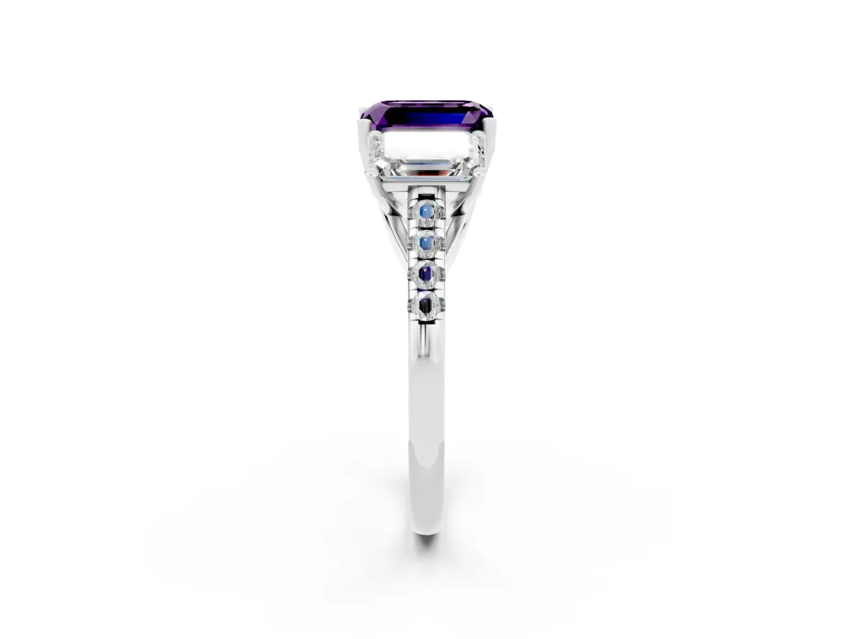 Three-Stone Emerald Cut Amethyst Ring with Round Pavé Band and Prong Setting Silver