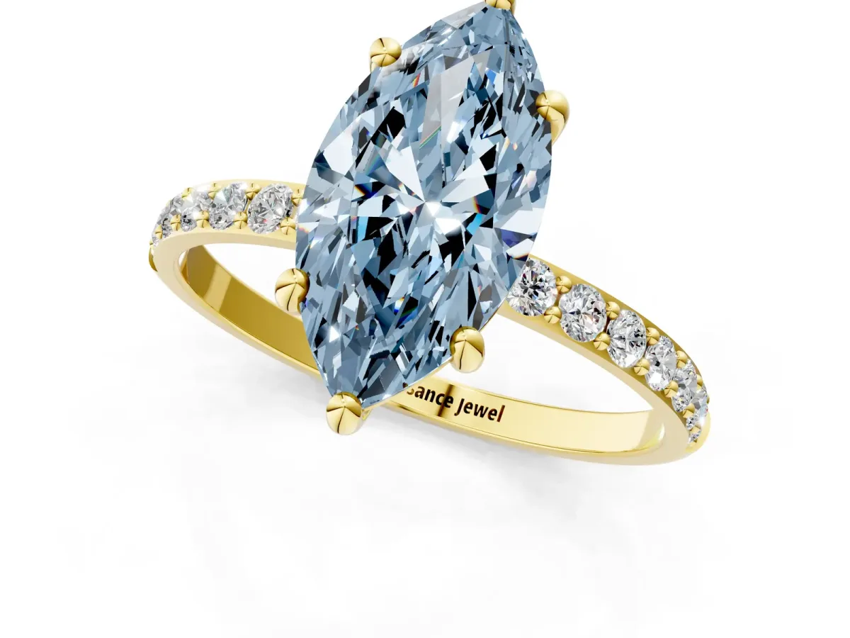 Fancy Blue Marquise Cut Diamond Solitaire Ring with Round Pavé Band and Prong Setting Yellow gold