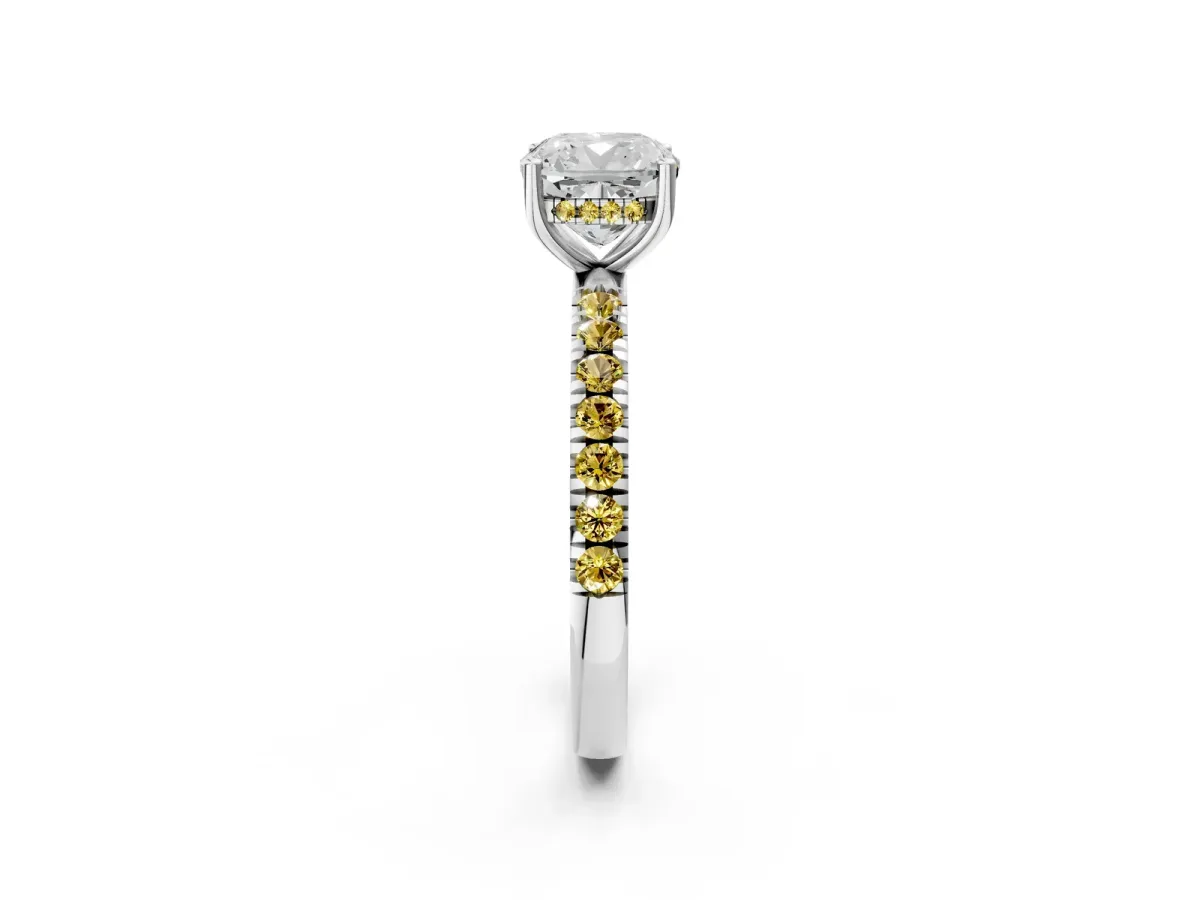 Cushion Cut Diamond Pave Band Solitaire Ring with Round Yellow Sapphire and Prong Setting Silver