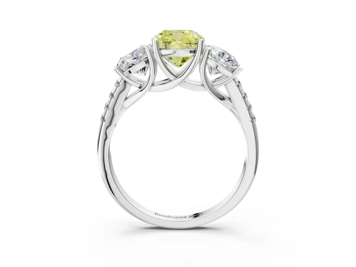 Fancy Yellow Three-Stone Cushion Cut Diamond Ring with Round Pavé Band and Prong Setting Silver