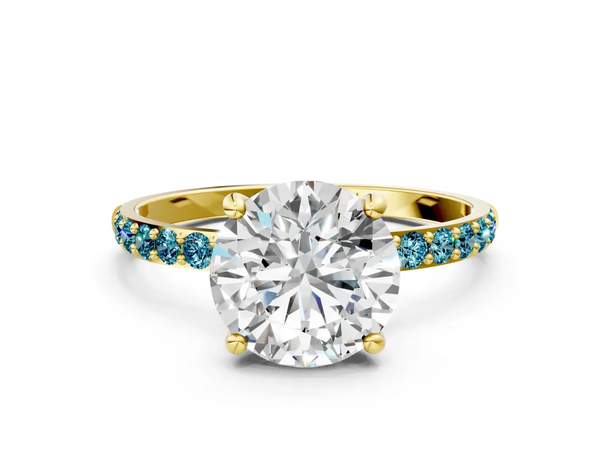 Round Cut Diamond Solitaire Ring with Round Blue Topaz Pavé Band and Prong Setting Yellow gold