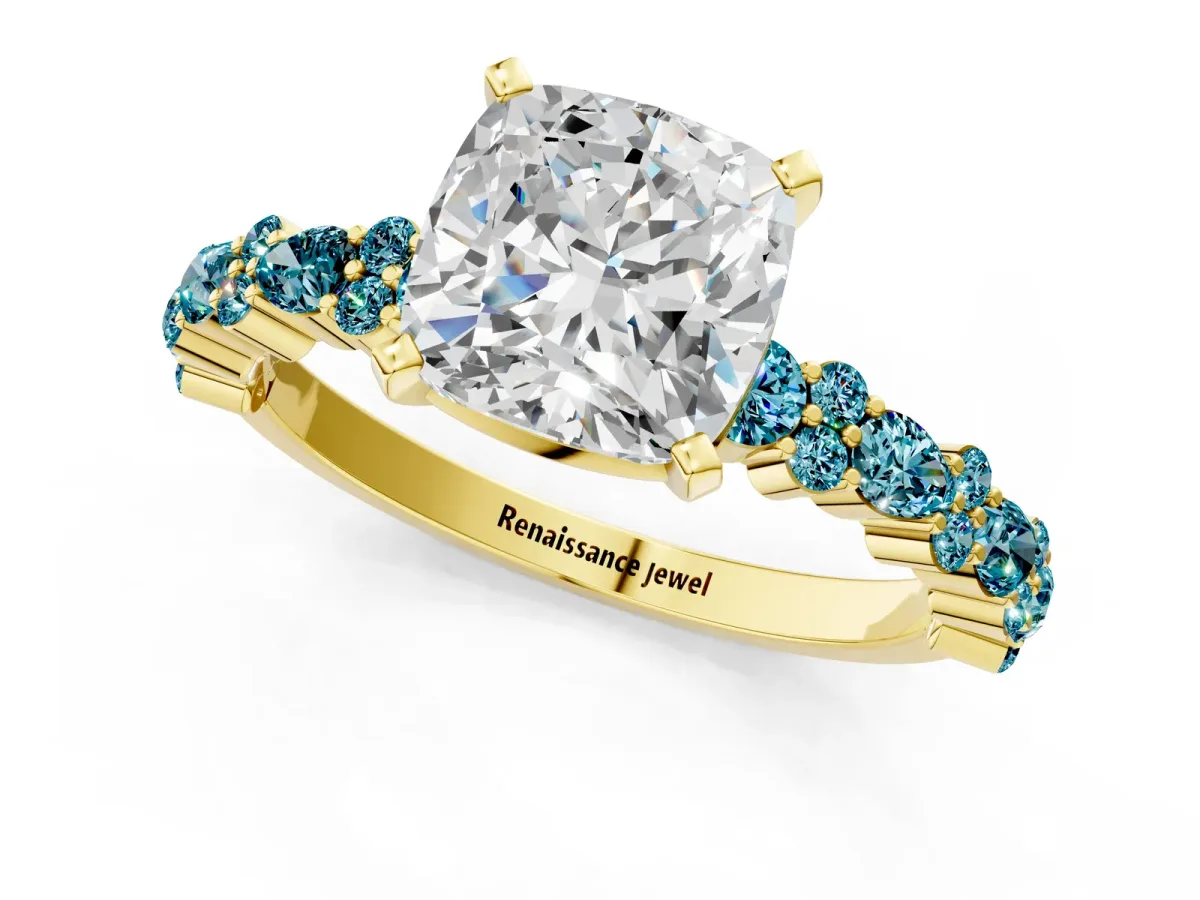 Cushion Cut Diamond Side Stone Solitaire Ring with Round Blue Topaz and Four-Prong Setting Yellow gold