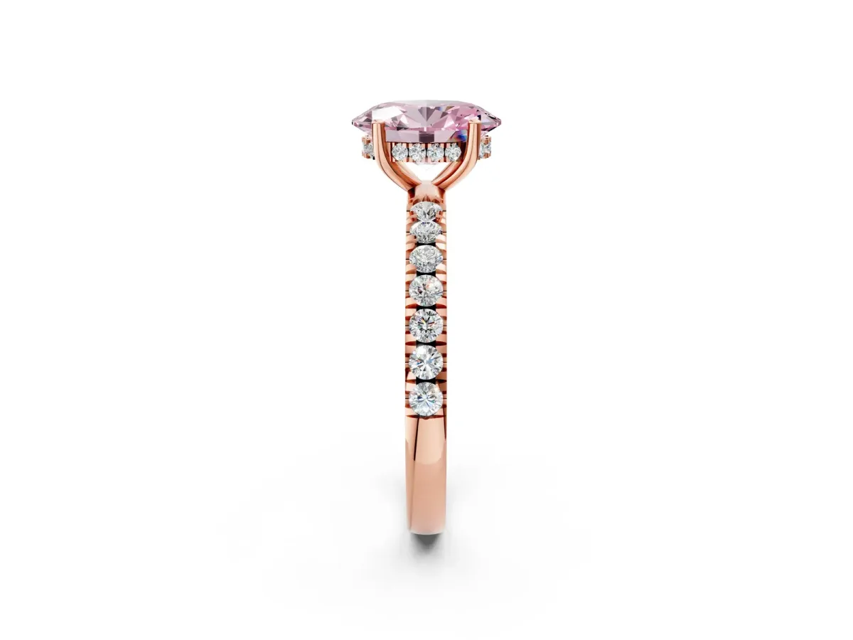 Fancy Pink Oval Cut Diamond Pave Band Solitaire Ring with Round and Prong Setting Rose gold