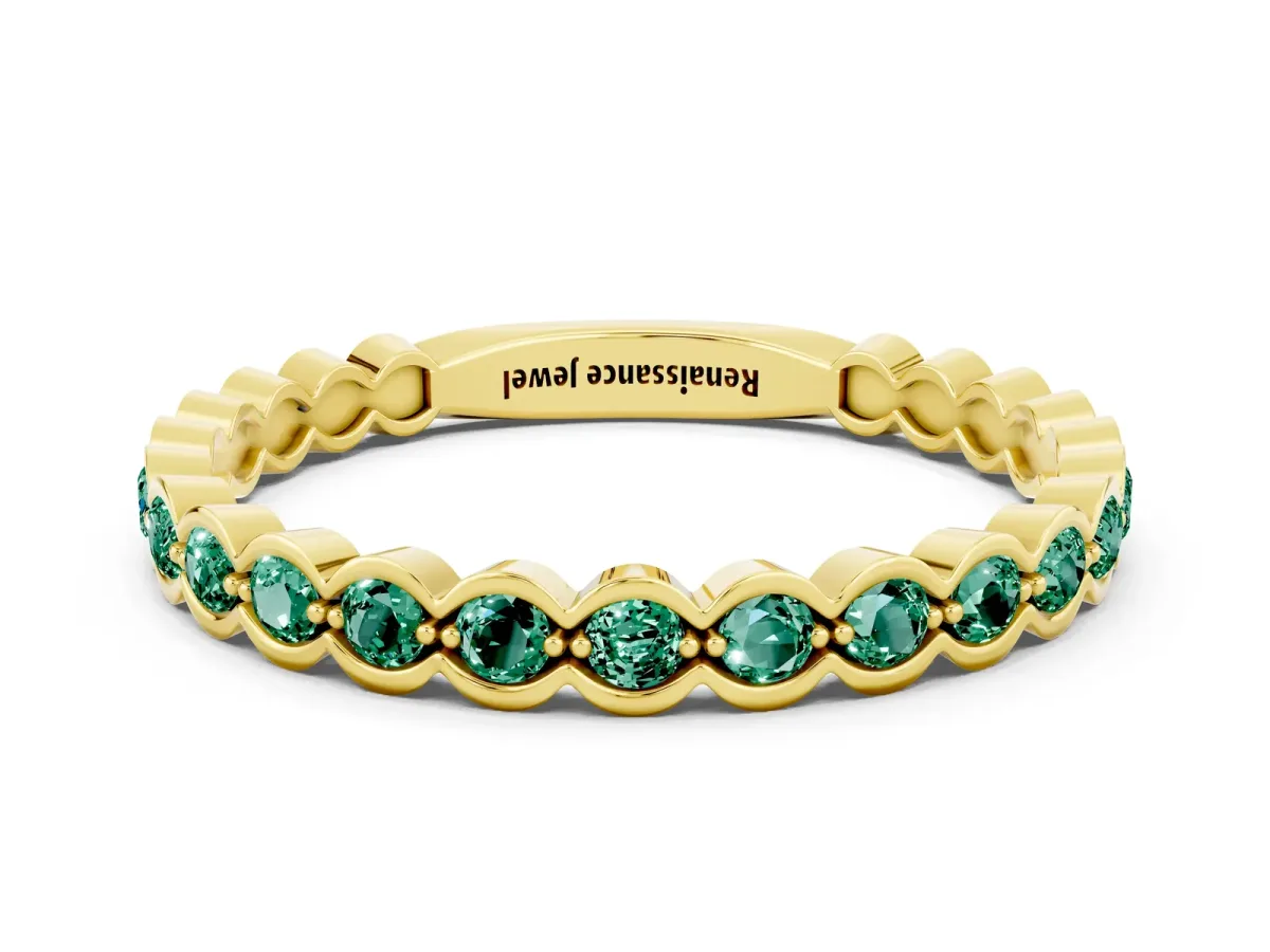 Round Green Sapphire Bezel Set Eternity Band Yellow gold