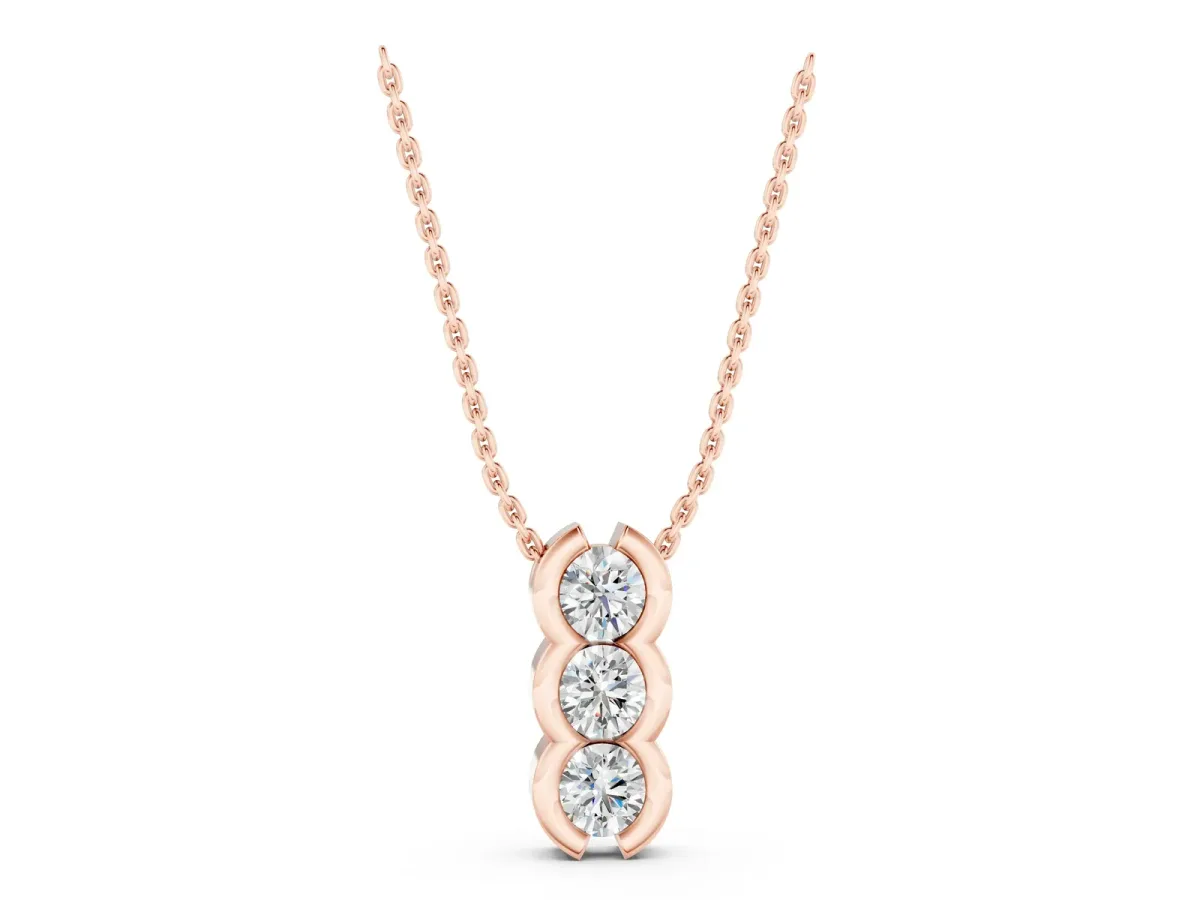 Three Stone Round Diamond Shared Prong Pendant Rose gold