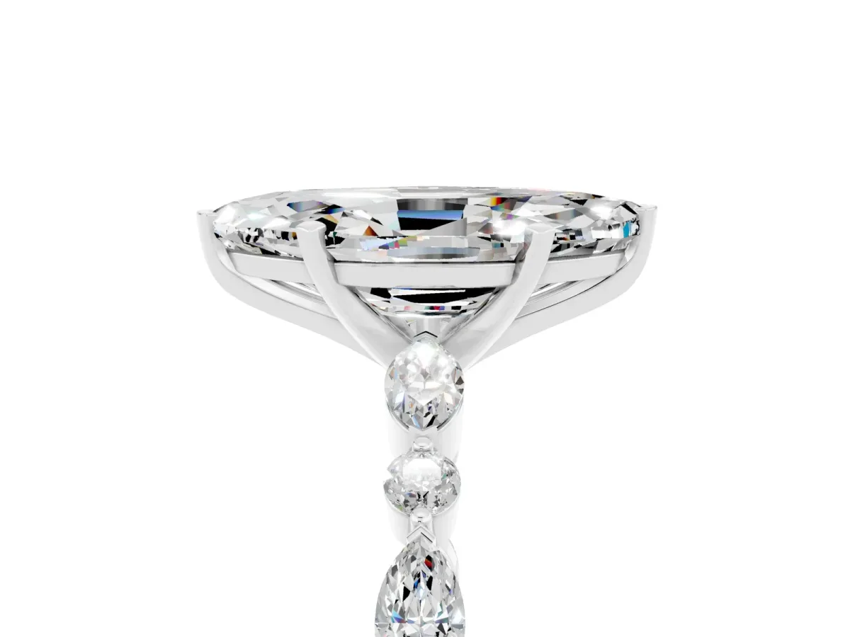 Marquise Cut Moissanite Ring with Marquise and Round Side Stones and Four-Prong Setting Silver