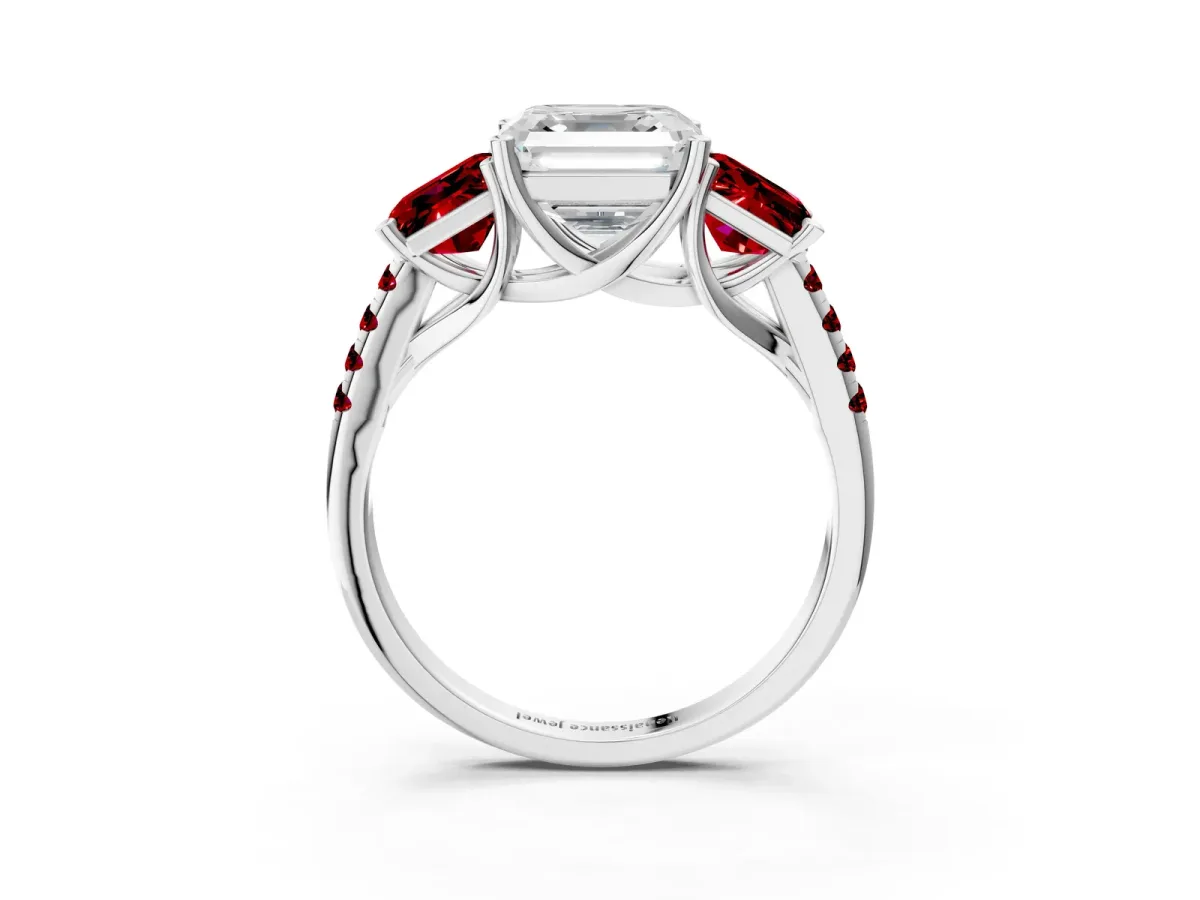Three-Stone Asscher Cut Diamond Ring with Round Ruby Pavé Band and Prong Setting White gold