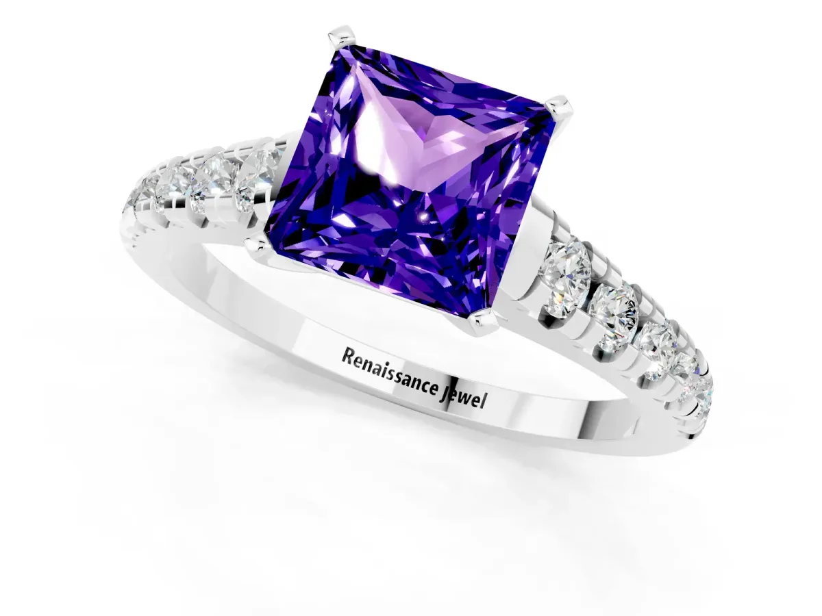 Princess Cut Tanzanite Cathedral Solitaire Ring with Round Pavé Band Silver