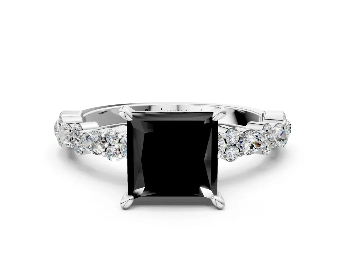 Fancy Black Princess Cut Diamond Side Stone Solitaire Ring with Round and Four-Prong Setting Platinum