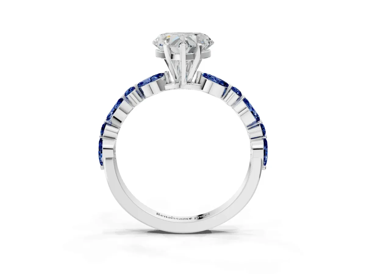 Heart Cut Diamond Ring with Marquise and Round Blue Sapphire Side Stones and Four-Prong Setting Silver