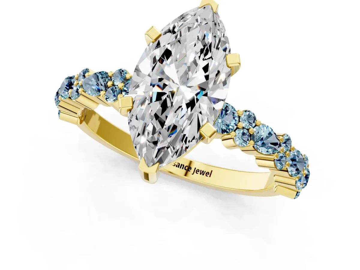 Marquise Cut Diamond Side Stone Solitaire Ring with Round Aquamarine and Four-Prong Setting Yellow gold
