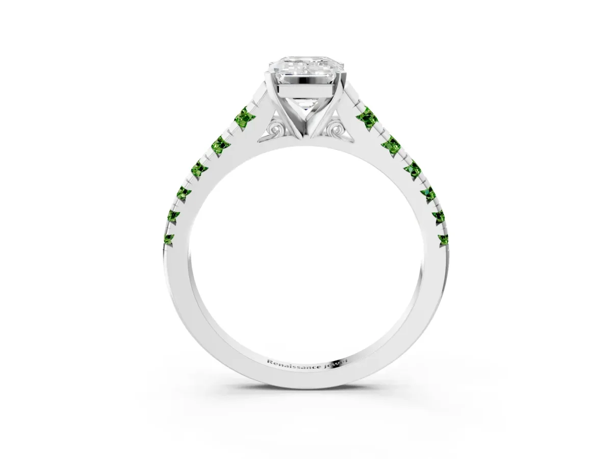 Emerald Cut Diamond Cathedral Solitaire Ring with Round Peridot Pavé Band Silver
