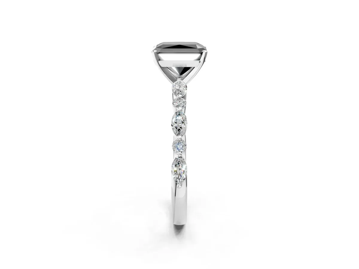Fancy Black Radiant Cut Diamond Ring with Marquise and Round Side Stones and Four-Prong Setting Silver