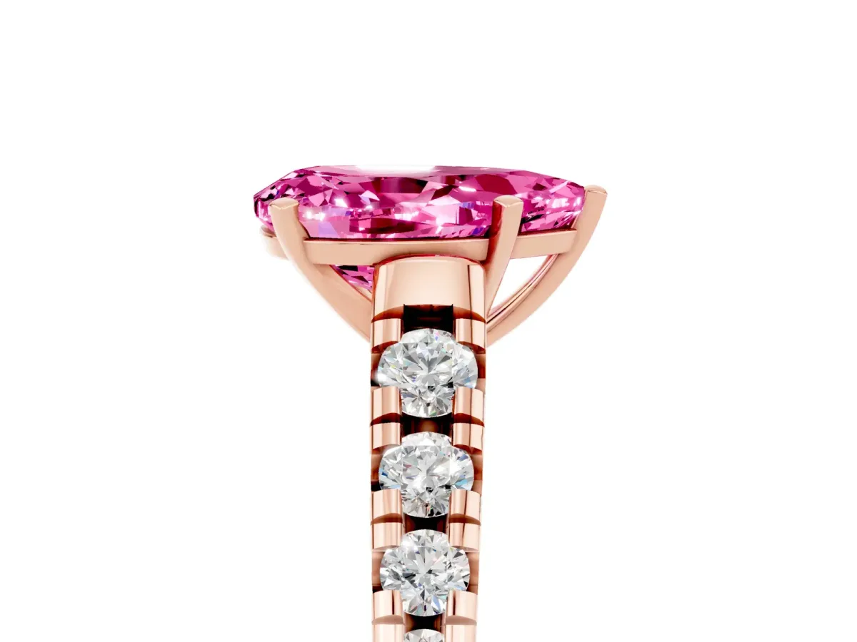 Pear Cut Pink Sapphire Cathedral Solitaire Ring with Round Pavé Band Rose gold