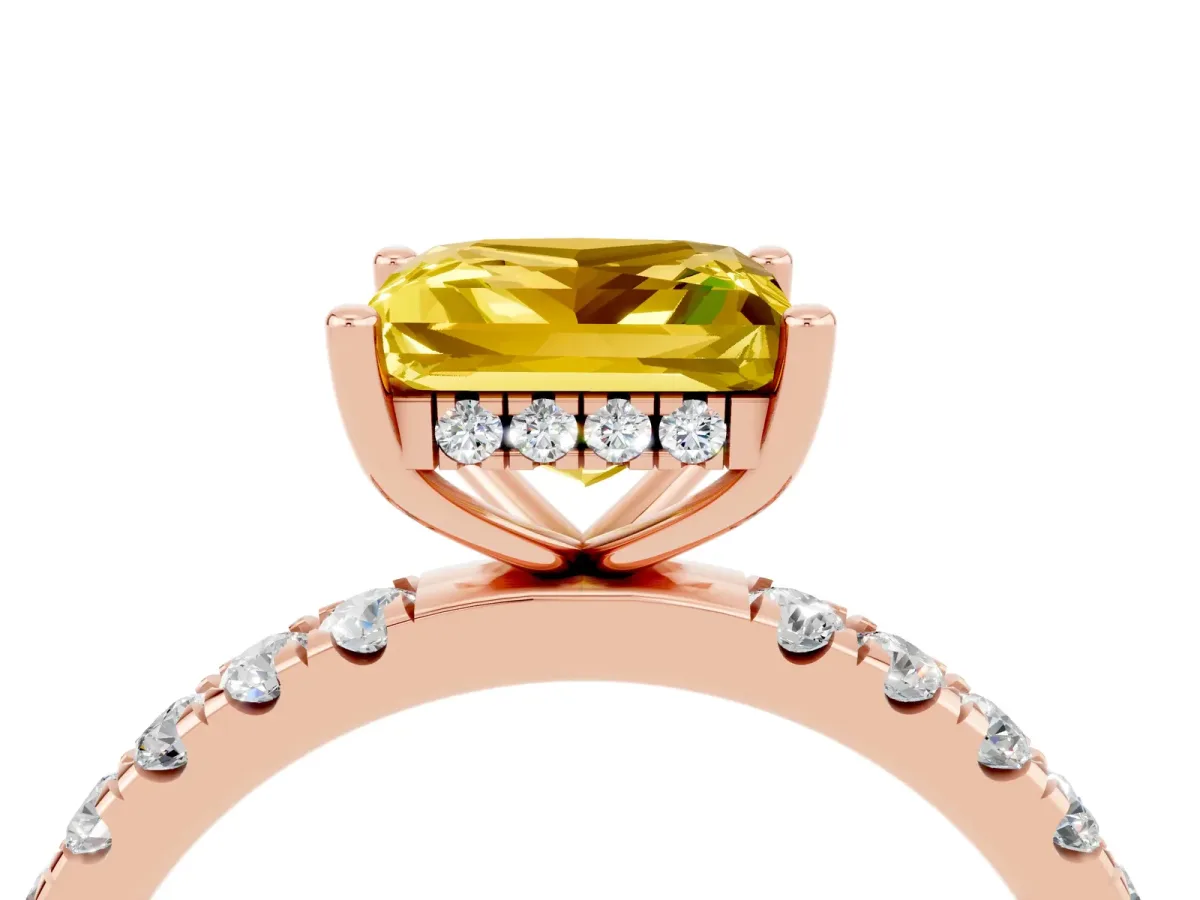 Princess Cut Yellow Sapphire Pave Band Solitaire Ring with Round and Prong Setting Rose gold
