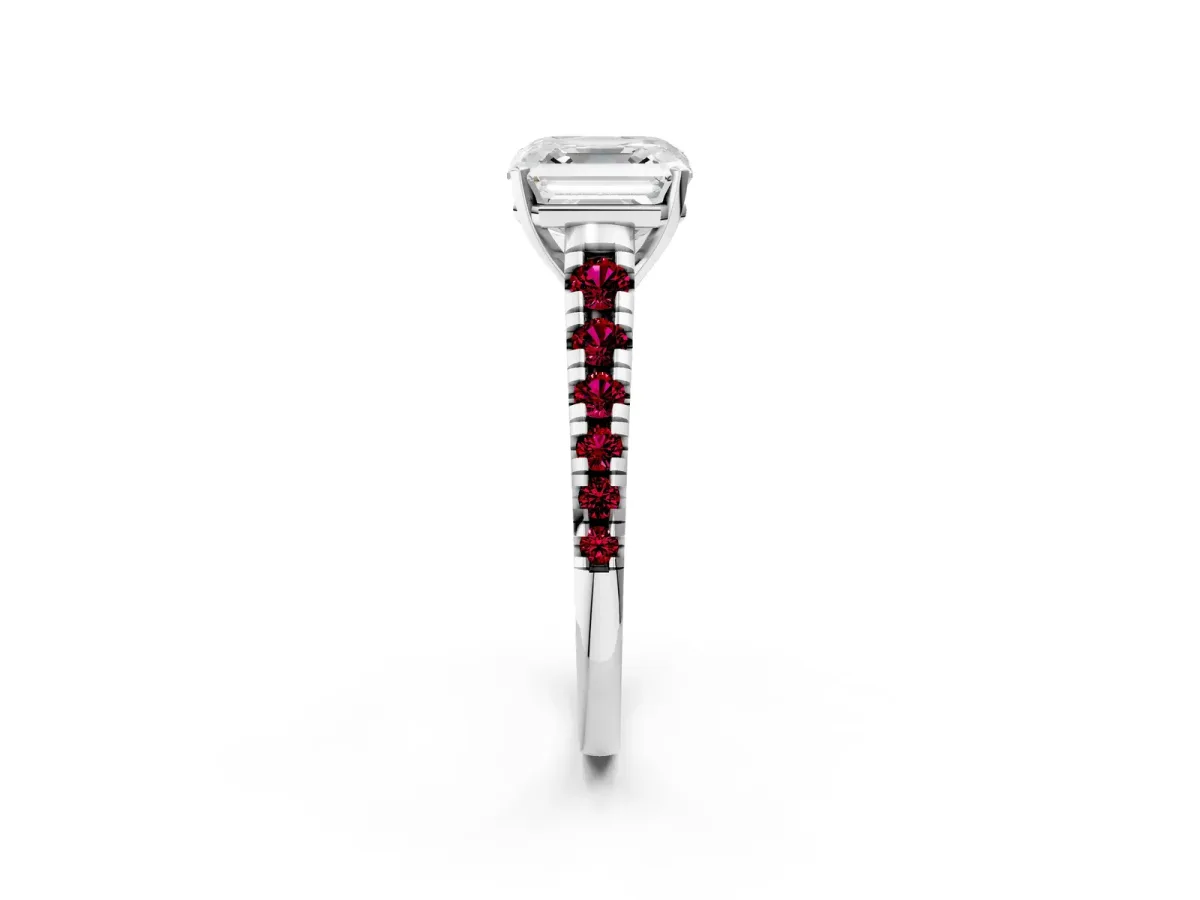 Asscher Cut Diamond Cathedral Solitaire Ring with Round Garnet Pavé Band Platinum