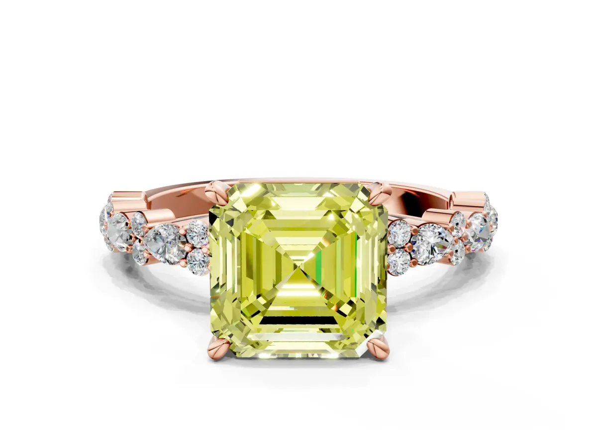 Fancy Yellow Asscher Cut Diamond Side Stone Solitaire Ring with Round and Four-Prong Setting Rose gold