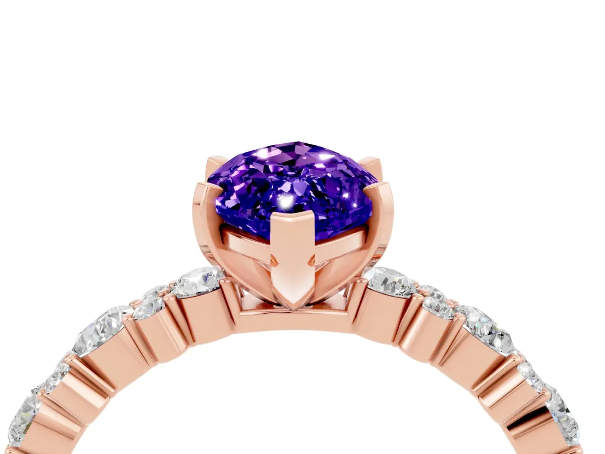 Marquise Cut Tanzanite Side Stone Solitaire Ring with Round and Four-Prong Setting Rose gold