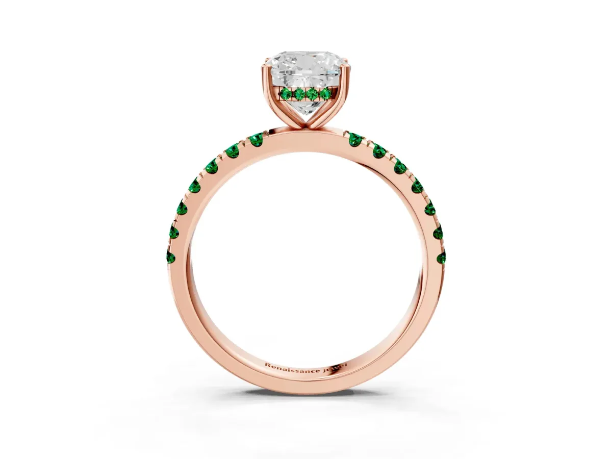 Cushion Cut Diamond Pave Band Solitaire Ring with Round Emerald and Prong Setting Rose gold