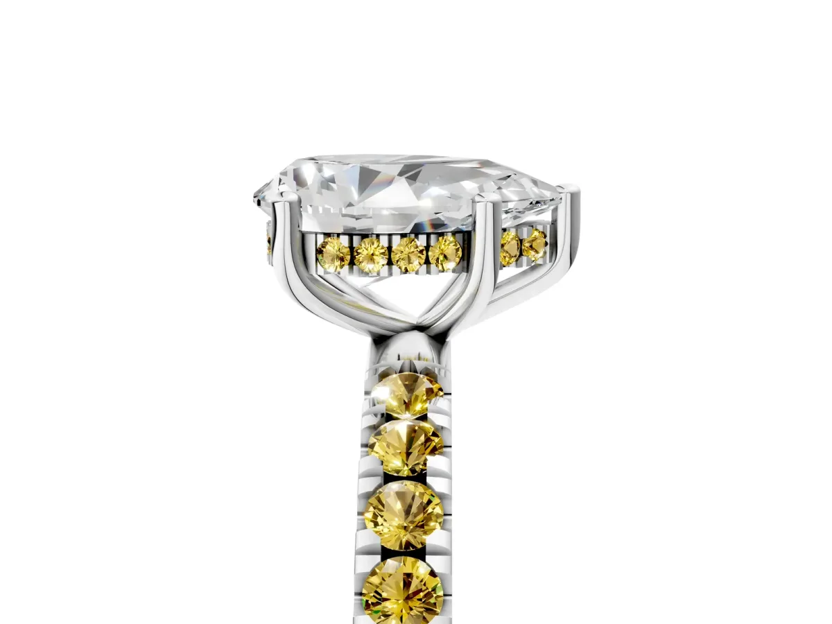 Pear Cut Diamond Pave Band Solitaire Ring with Round Yellow Sapphire and Prong Setting White gold
