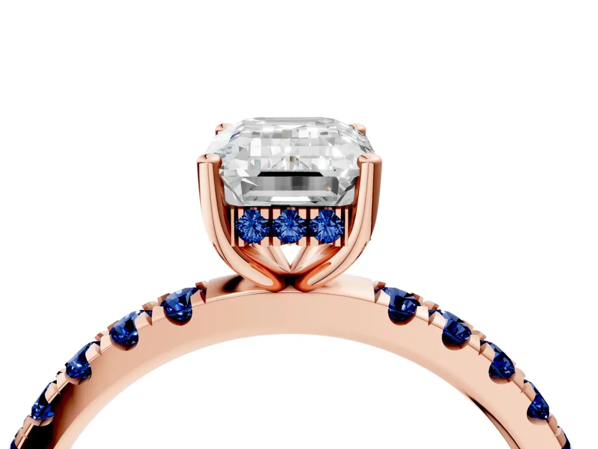 Emerald Cut Diamond Pave Band Solitaire Ring with Round Blue Sapphire and Prong Setting Rose gold