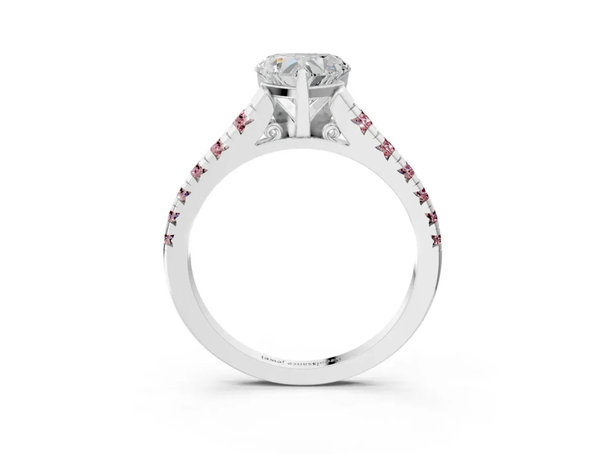 Heart Cut Diamond Cathedral Solitaire Ring with Round Morganite Pavé Band Platinum