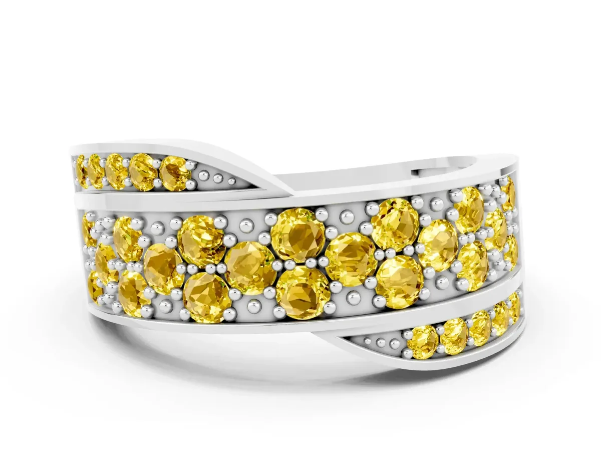Pavé Round Yellow Sapphire Crossover Band with Bead Prong Setting White gold