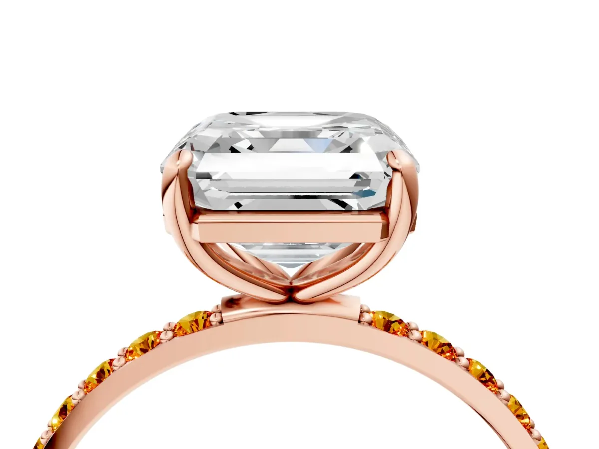 Asscher Cut Diamond Solitaire Ring with Round Citrine Pavé Band and Prong Setting Rose gold