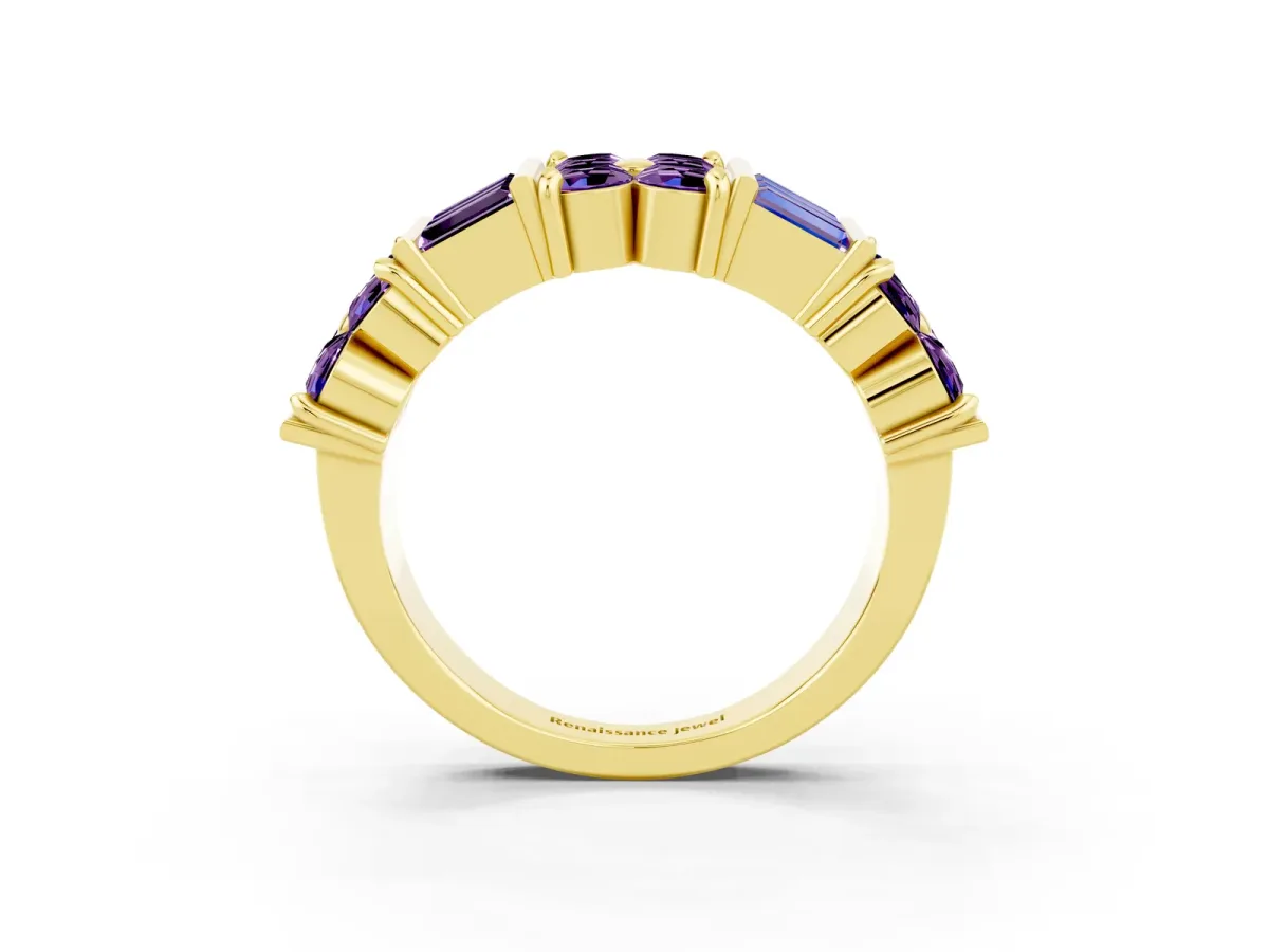 Channel Set Round and Baguette Amethyst Anniversary Band with Prong Setting Yellow gold