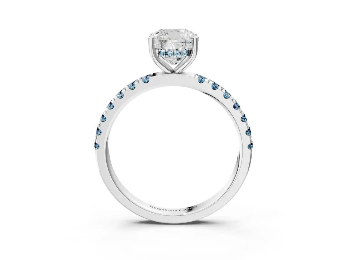 Cushion Cut Diamond Pave Band Solitaire Ring with Round Aquamarine and Prong Setting Silver