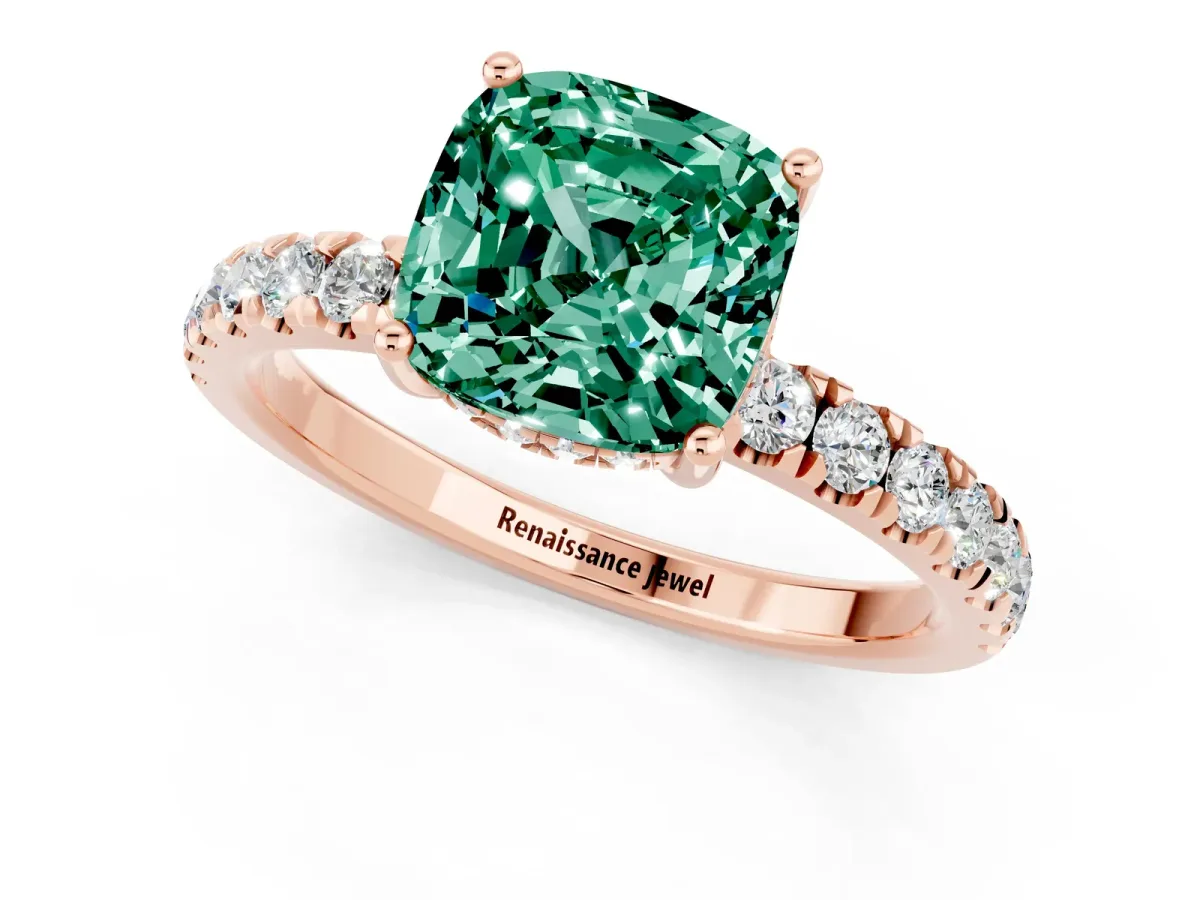 Cushion Cut Green Sapphire Pave Band Solitaire Ring with Round and Prong Setting Rose gold