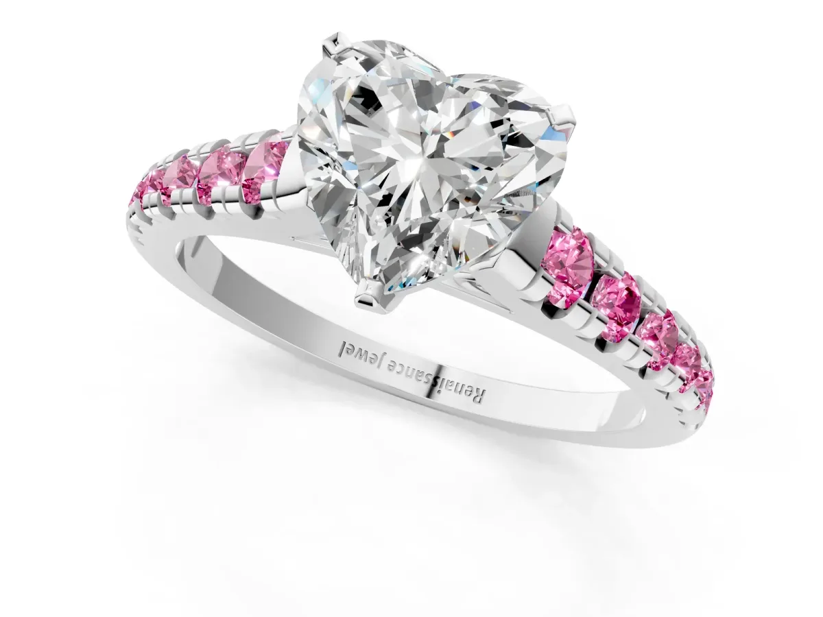 Heart Cut Diamond Cathedral Solitaire Ring with Round Pink Sapphire Pavé Band Silver