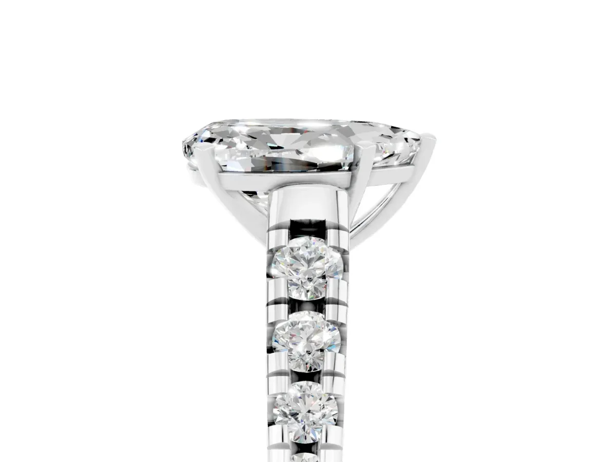 Pear Cut Moissanite Cathedral Solitaire Ring with Round Pavé Band Platinum