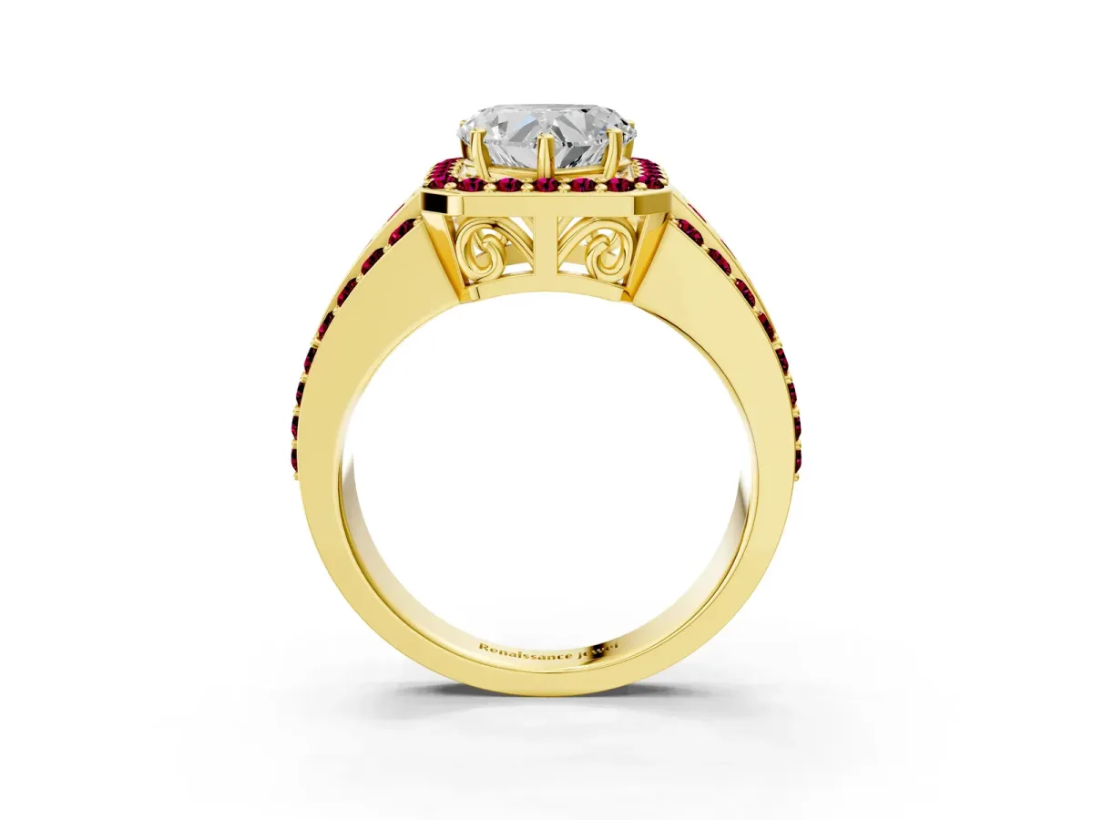 Heart Cut Halo Diamond Ring with Round Garnet Split Shank and Prong Setting Yellow gold