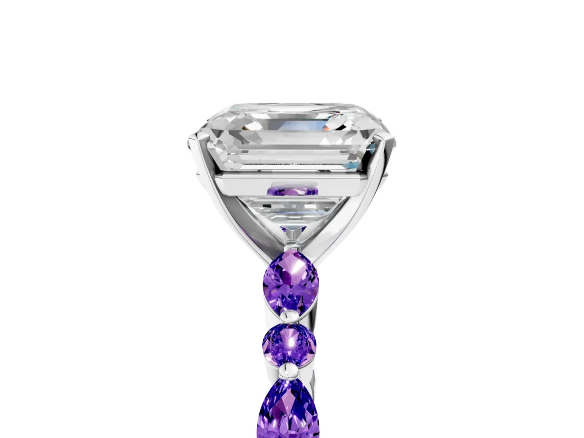 Asscher Cut Diamond Ring with Marquise and Round Tanzanite Side Stones and Four-Prong Setting Silver