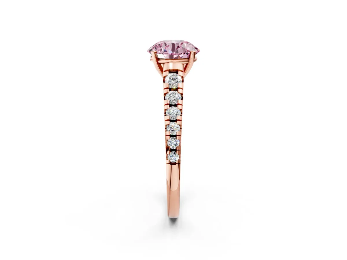 Fancy Pink Round Cut Diamond Cathedral Solitaire Ring with Round Pavé Band Rose gold
