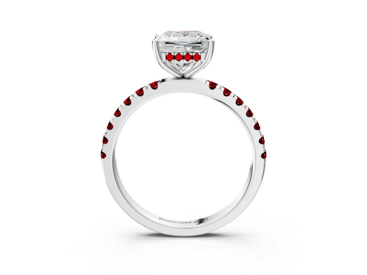 Princess Cut Diamond Pave Band Solitaire Ring with Round Ruby and Prong Setting White gold