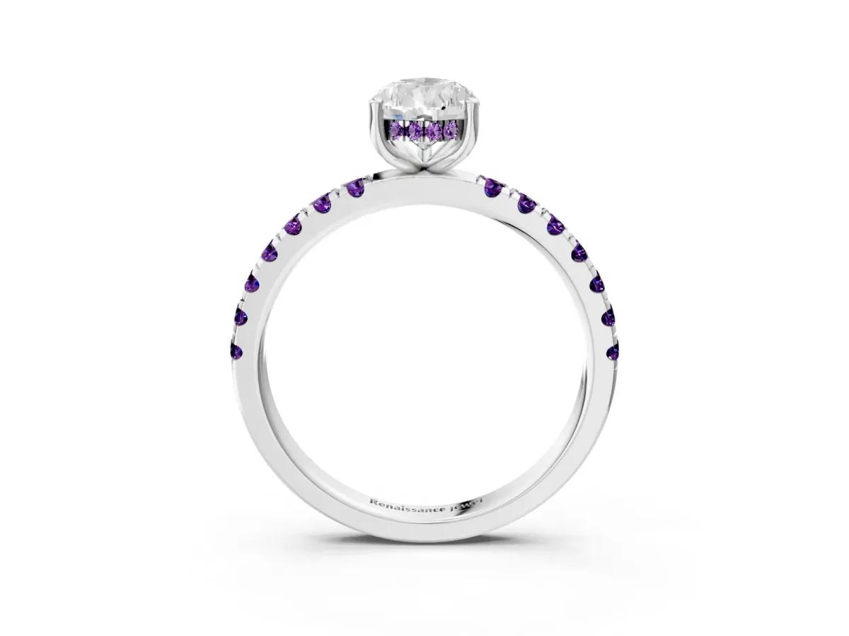 Pear Cut Diamond Pave Band Solitaire Ring with Round Amethyst and Prong Setting Platinum