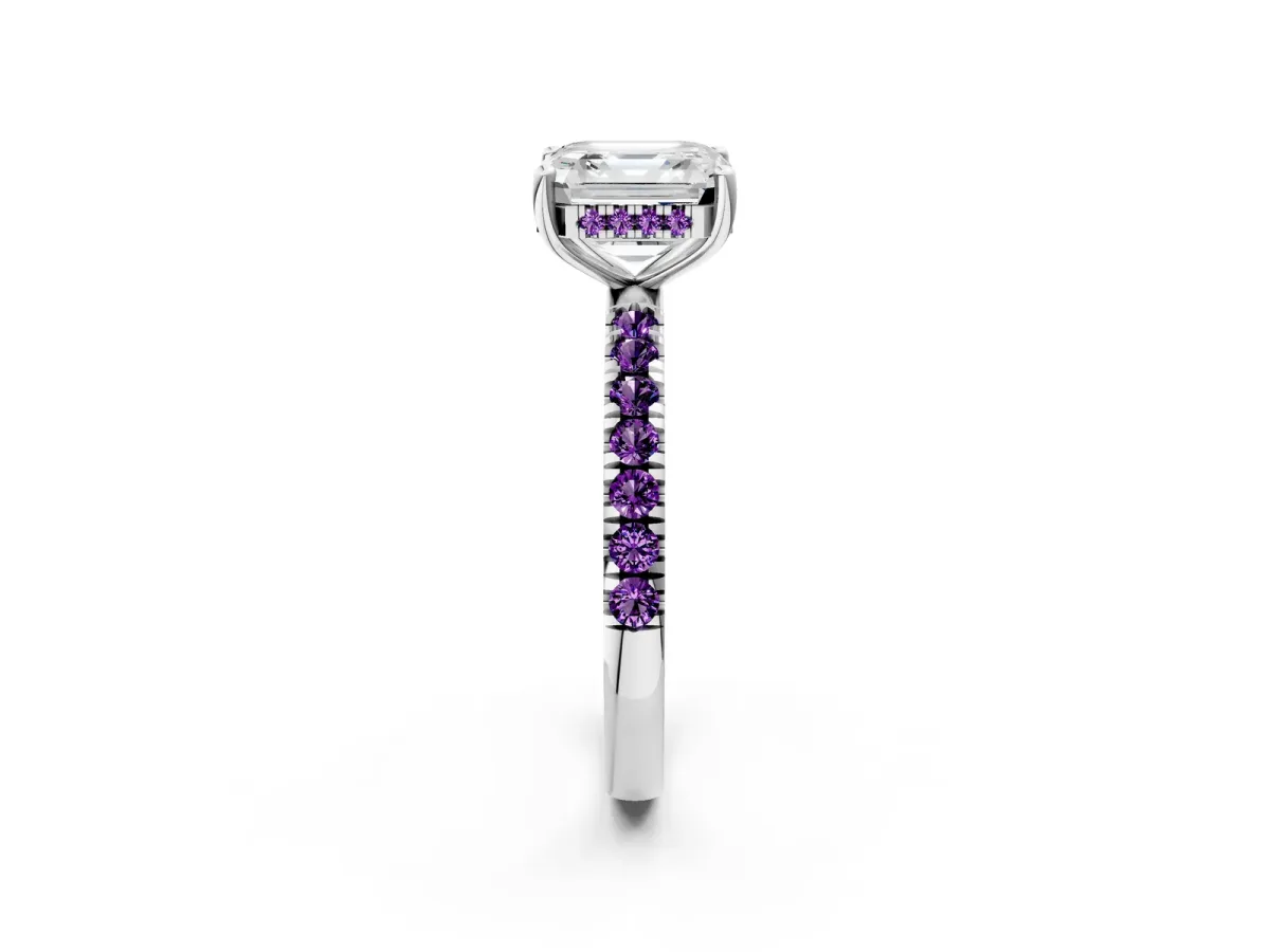 Asscher Cut Diamond Pave Band Solitaire Ring with Round Amethyst and Prong Setting Platinum