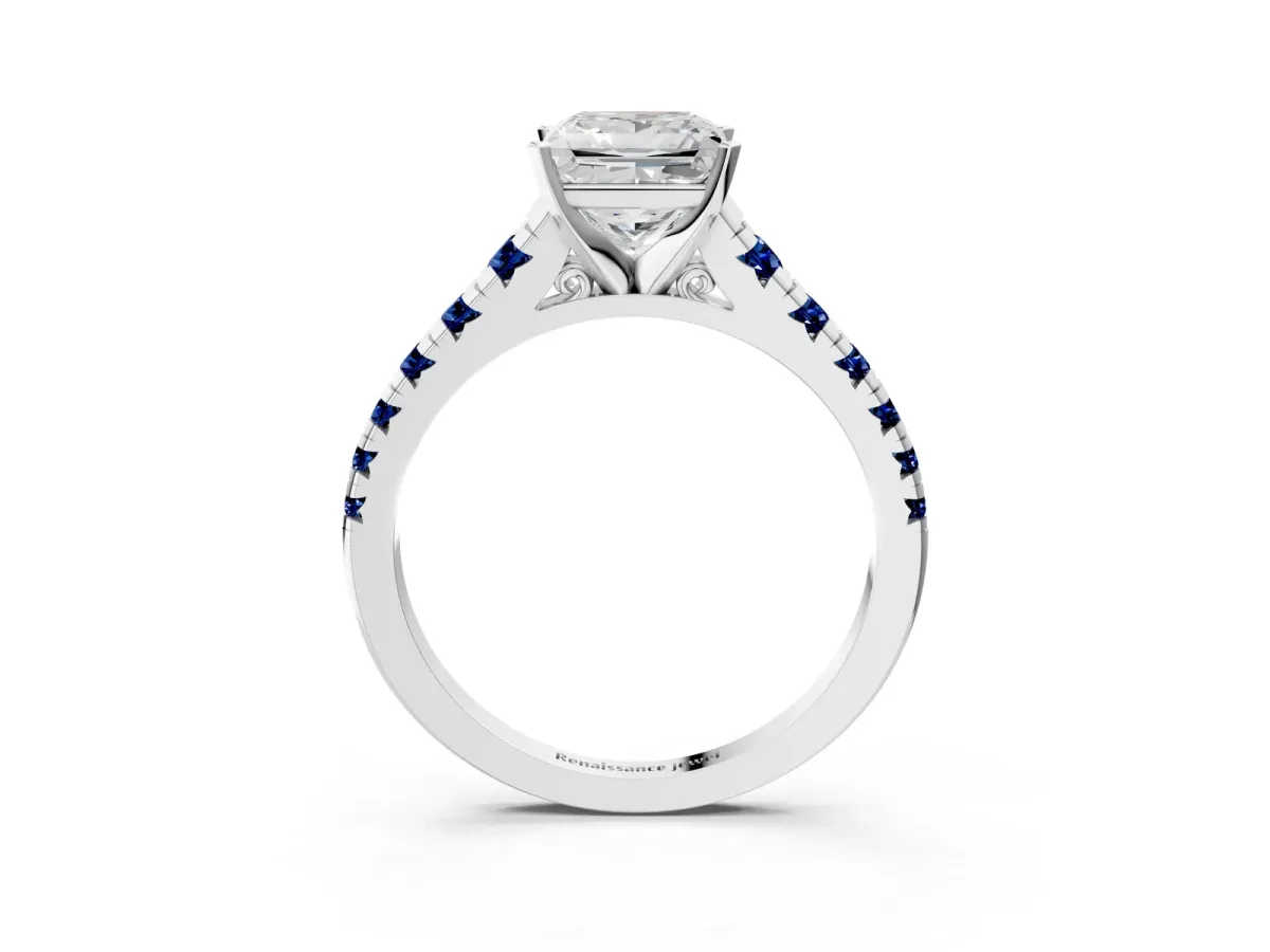 Princess Cut Diamond Cathedral Solitaire Ring with Round Blue Sapphire Pavé Band Platinum