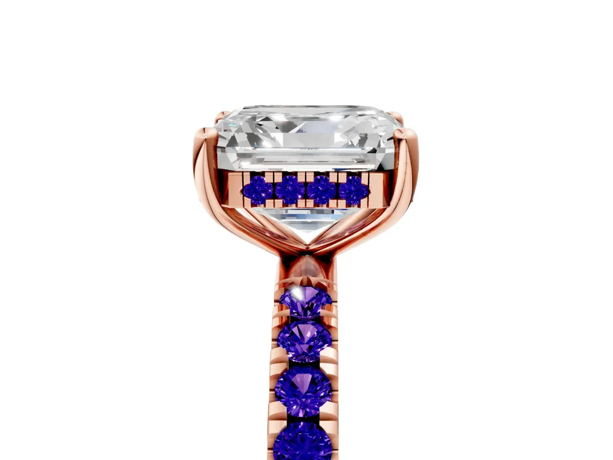 Asscher Cut Diamond Pave Band Solitaire Ring with Round Tanzanite and Prong Setting Rose gold