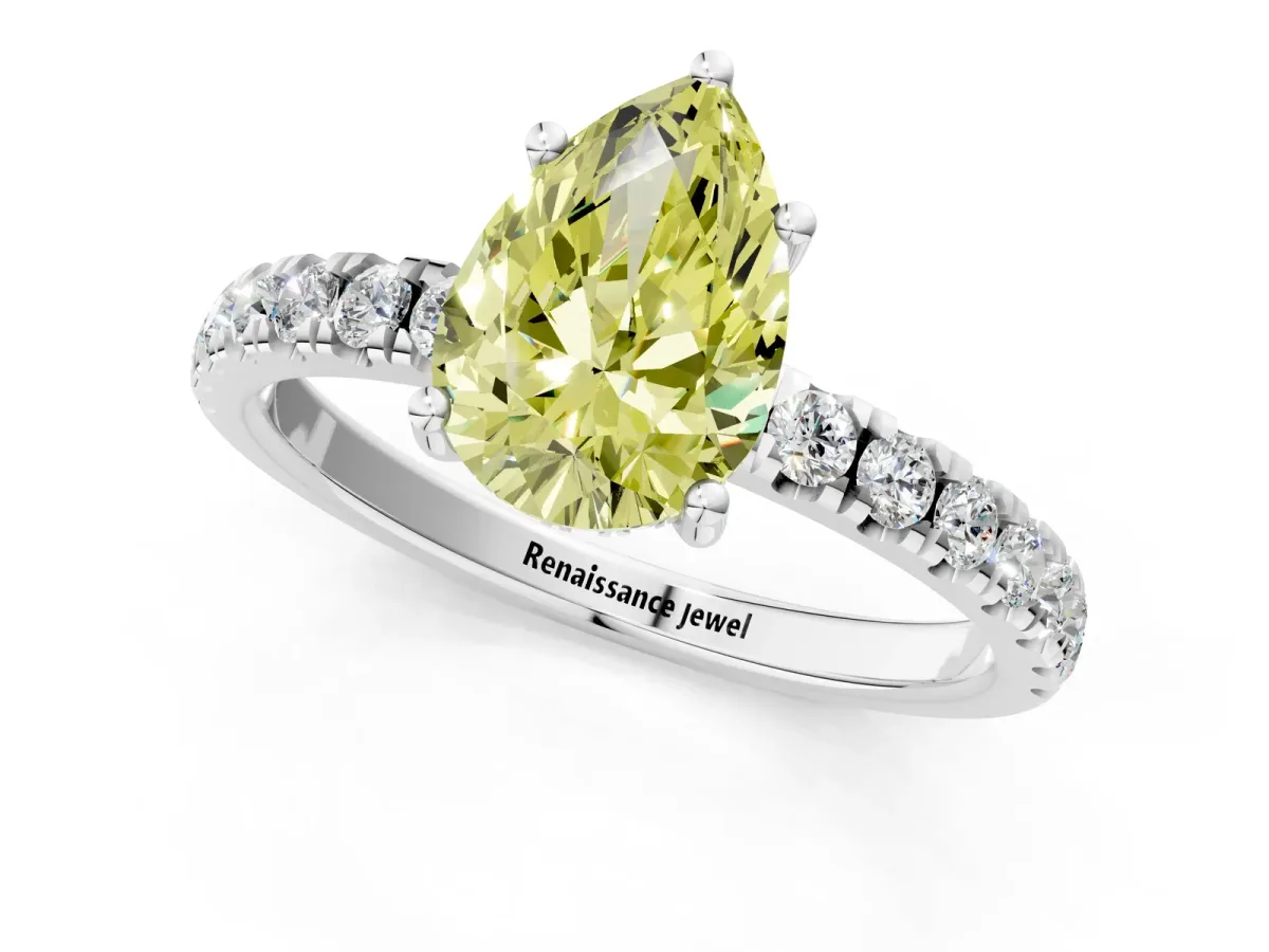 Fancy Yellow Pear Cut Diamond Pave Band Solitaire Ring with Round and Prong Setting White gold