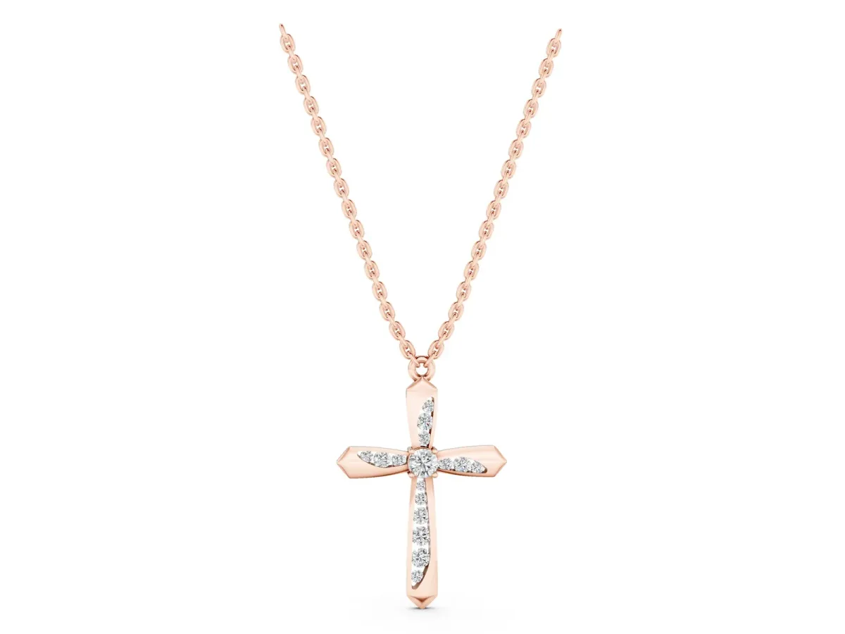 Gold Cross Pendant with Round Cut Stones and Prong Setting Rose gold